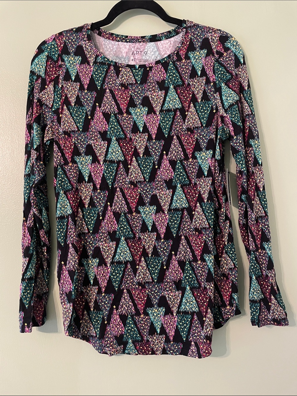 Apt. 9 Long Sleeve Christmas Tree Print Top - Pink/Green/Black